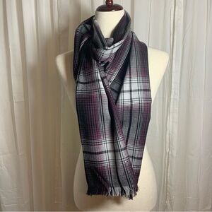Nordstrom 100% Wool Dark‎ Purple Black White Plaid Oversized Scarf Wrap Shawl